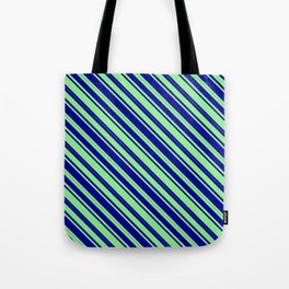 [ Thumbnail: Light Green & Dark Blue Colored Lined Pattern Tote Bag ]