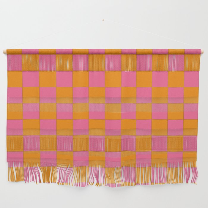 Joyful Checks Pink Orange Summer Checkered Pattern Wall Hanging