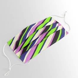[ Thumbnail: Vibrant Chartreuse, Midnight Blue, Light Yellow, Orchid, and Black Colored Striped Pattern Face Mask ]