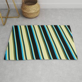 [ Thumbnail: Dark Olive Green, Pale Goldenrod, Deep Sky Blue, and Black Colored Pattern of Stripes Rug ]