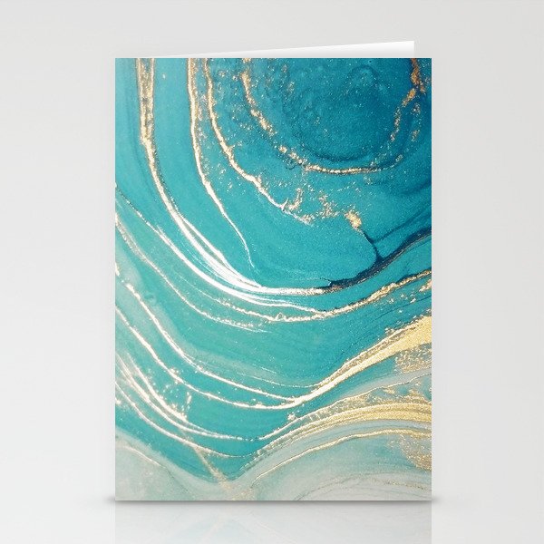 Aqua Gold Ripples Abstract Art Stationery Cards
