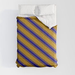 [ Thumbnail: Dark Goldenrod and Dark Blue Colored Stripes/Lines Pattern Comforter ]
