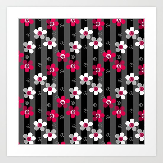 Crimson and white flowers on a black striped background Art Print