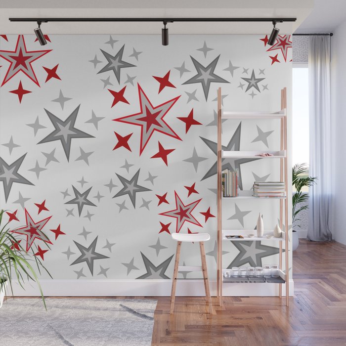 Christmas Stars silver red pattern Wall Mural