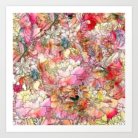 Summer Flowers | Colorful Watercolor Floral Pattern Abstract Sketch Art Print