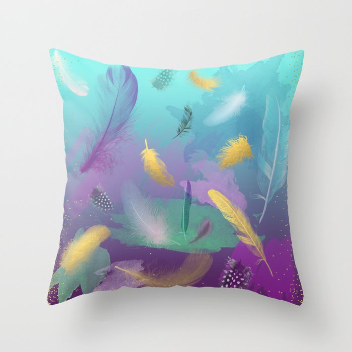 Dancing Feathers - Turquoise and purple shades with gold details Throw Pillow