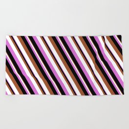 [ Thumbnail: Sienna, White, Orchid & Black Colored Striped Pattern Beach Towel ]