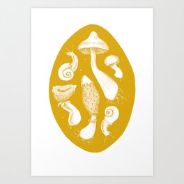 Ink Mushrooms - mustard Art Print