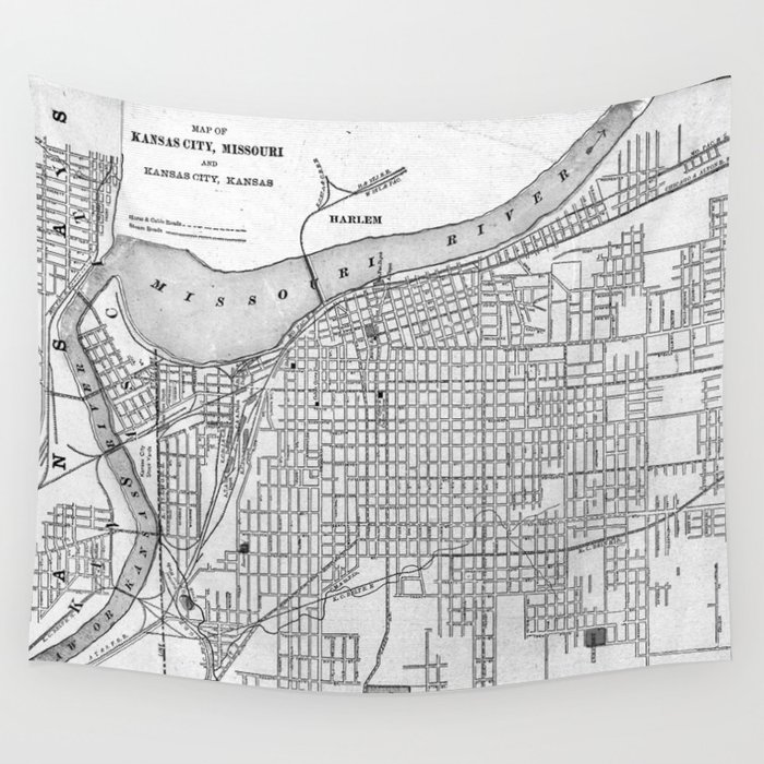 Vintage Map of Kansas City Missouri (1901) BW Wall Tapestry by BravuraMedia  Society6