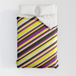 [ Thumbnail: Purple, Yellow, Light Yellow & Black Colored Lines/Stripes Pattern Comforter ]