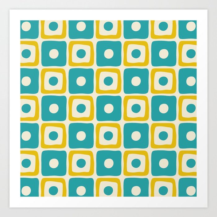Mid Century Modern Square Dot Pattern 771 Turquoise and Yellow Art Print