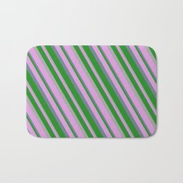 [ Thumbnail: Forest Green, Dark Gray, Plum, and Slate Gray Colored Stripes/Lines Pattern Bath Mat ]