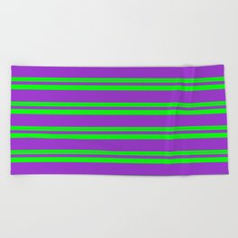 [ Thumbnail: Lime & Dark Orchid Colored Stripes Pattern Beach Towel ]