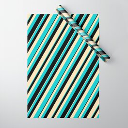 [ Thumbnail: Beige, Dark Turquoise & Black Colored Lines/Stripes Pattern Wrapping Paper ]