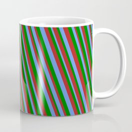 [ Thumbnail: Cornflower Blue, Green & Red Colored Stripes Pattern Coffee Mug ]