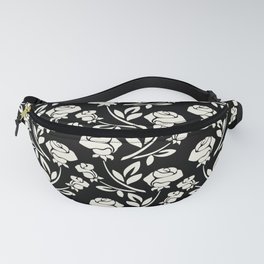 Mid-Century Antique White Roses Pattern on Black Fanny Pack