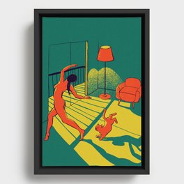 Dancing with the cat | Moody sunset light and shadows Aesthetic Green room Naked dance Femme Fatale  Framed Canvas