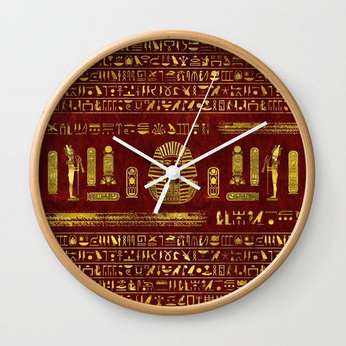 Golden Egyptian Sphinx on red leather Wall Clock