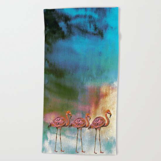 Tropical Flamingo Illustration on watercolor - Birds Animals #Society6 Beach Towel