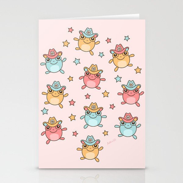 Jumping Cowboy Frogs, Cute Happy Frog with Hat Fun Pattern Stationery Cards