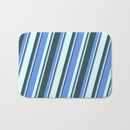 [ Thumbnail: Cornflower Blue, Light Cyan, and Dark Slate Gray Colored Pattern of Stripes Bath Mat ]