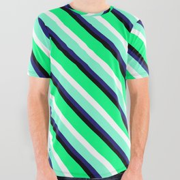 [ Thumbnail: Eyecatching Green, White, Aquamarine, Midnight Blue & Black Colored Stripes Pattern All Over Graphic Tee ]
