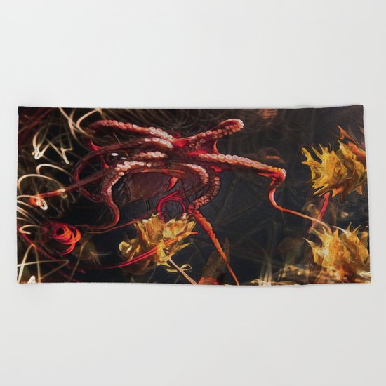 Blooming Crimson Octopus Beach Towel