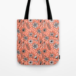black and white floral on coral Tote Bag