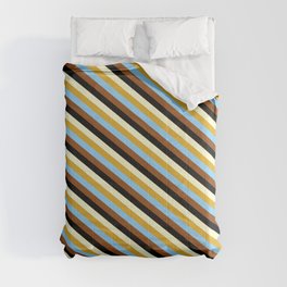 [ Thumbnail: Vibrant Goldenrod, Light Sky Blue, Brown, Black & Light Yellow Colored Lines/Stripes Pattern Comforter ]