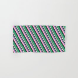 [ Thumbnail: Orchid, Light Pink, Dark Slate Gray, and Sea Green Colored Lines/Stripes Pattern Hand & Bath Towel ]