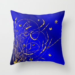 blue festive shiny metal pattern with small butterflies, Asian flowers and drops of water Throw Pillow