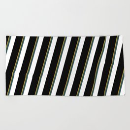 [ Thumbnail: Goldenrod, Dark Slate Gray, White, and Black Colored Striped Pattern Beach Towel ]