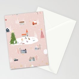 Seamless pattern Cute Christmas landscape in the town with fairy tale houses,car,polar bear playing ice skates and Christmas trees,Panorama flat design in village on Christmas eve Stationery Card