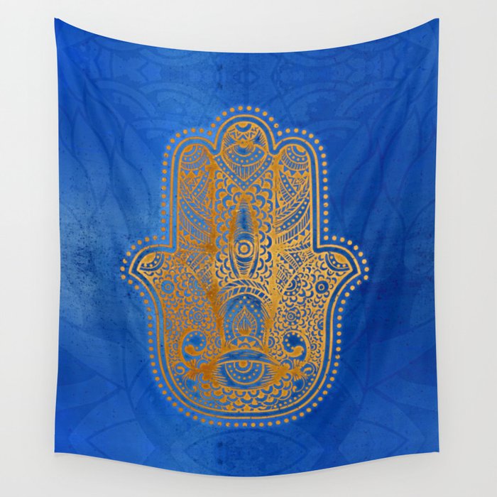 Elegance Hamsa Hand Metallic Gold Royal Blue Wall Tapestry