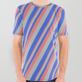 [ Thumbnail: Light Coral, Grey, and Royal Blue Colored Striped/Lined Pattern All Over Graphic Tee ]