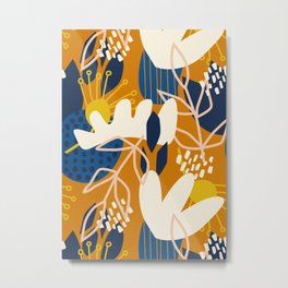 Abstract Floral - Blue + Orange Metal Print