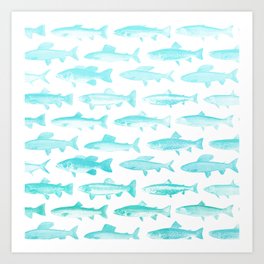 Fishes - Simple pattern in aqua on clear white Art Print