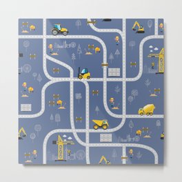 Under Construction Digger Vehicles Blue Pattern Metal Print | Abstract, Pattern, Comic, Boy, Bigvehicles, Digital, Pop Art, Typography, Vector, Graphicdesign 