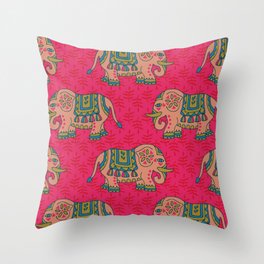 ELEPHANT PARADE Bohemian Exotic Jungle Animal in Fuchsia Hot Pink Blush Red Blue Green - UnBlink Studio by Jackie Tahara Throw Pillow