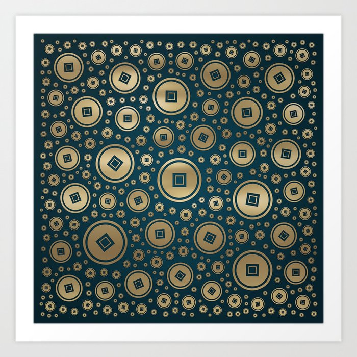 Lucky Gold Chinese coins pattern on dark teal Art Print