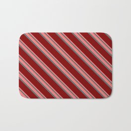 [ Thumbnail: Light Coral, Dim Grey & Maroon Colored Pattern of Stripes Bath Mat ]