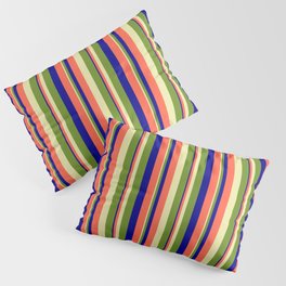 [ Thumbnail: Pale Goldenrod, Green, Dark Blue & Red Colored Stripes/Lines Pattern Pillow Sham ]