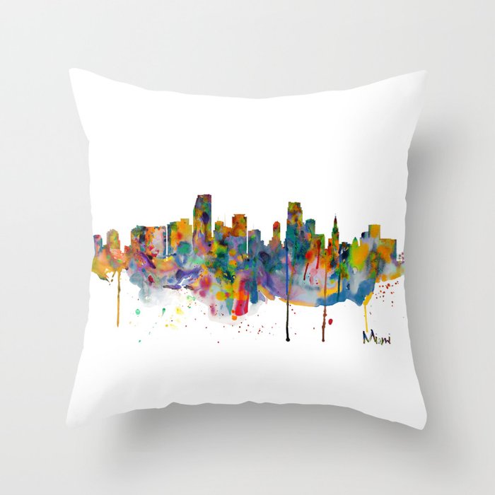 Miami Watercolor Skyline Throw Pillow