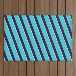 [ Thumbnail: Turquoise, Midnight Blue & Tan Colored Striped/Lined Pattern Outdoor Rug ]