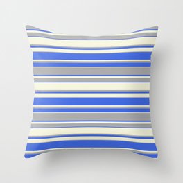 [ Thumbnail: Beige, Dark Grey & Royal Blue Colored Pattern of Stripes Throw Pillow ]