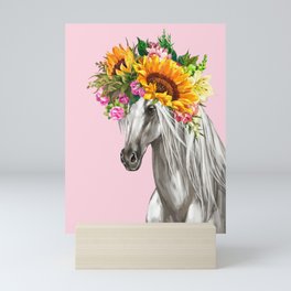 Sunflower Crown White Horse in Pink Mini Art Print