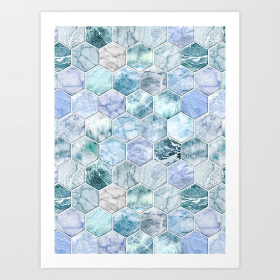 Ice Blue and Jade Stone and Marble Hexagon Tiles Art Print