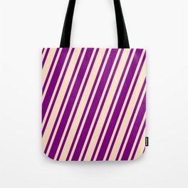 [ Thumbnail: Purple & Bisque Colored Striped/Lined Pattern Tote Bag ]