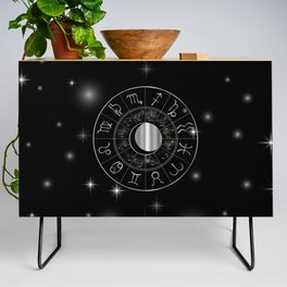 Zodiac astrology wheel Silver astrological signs with moon and stars Credenza