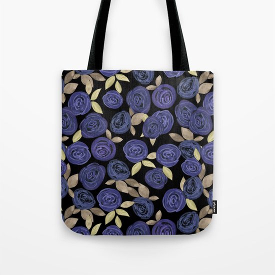 Blue watercolor roses on a black background . Tote Bag